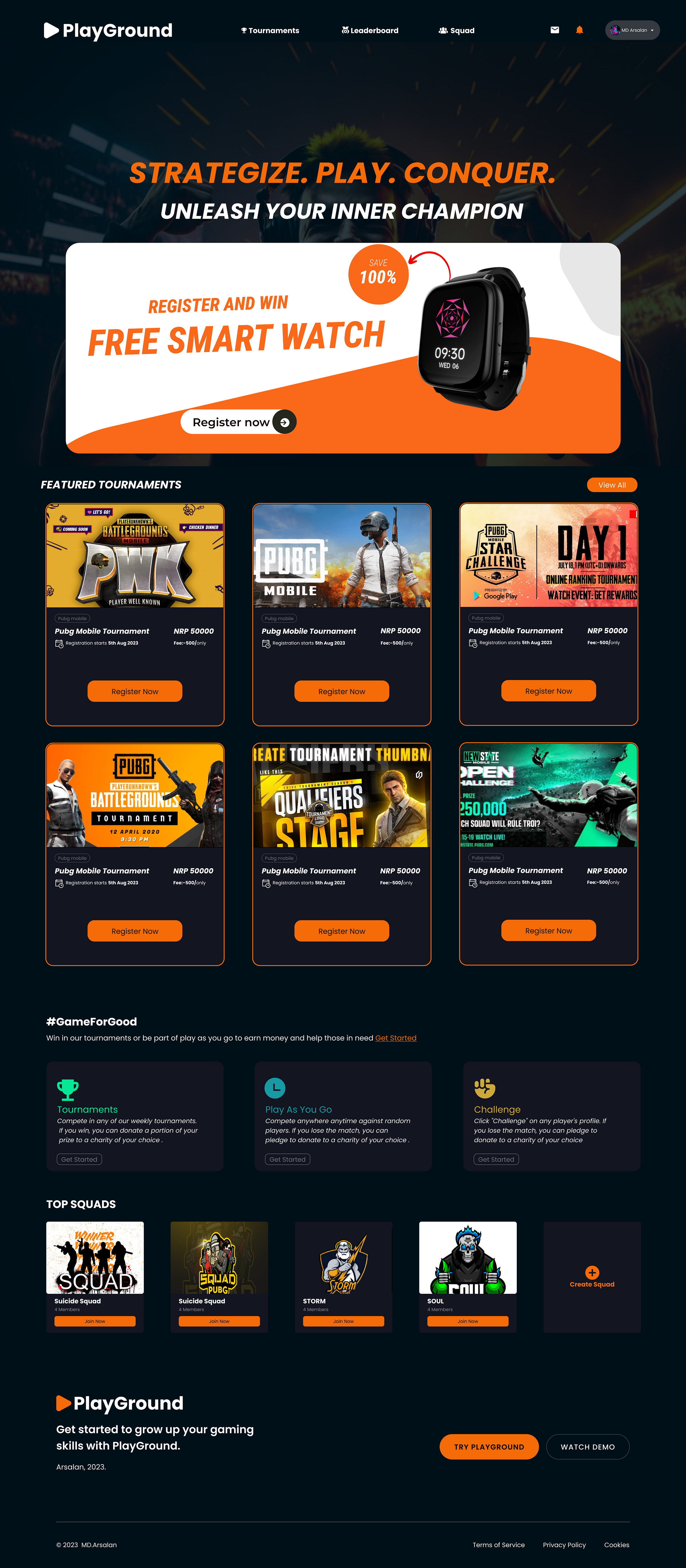 PlayGround Esport Tournament primary Dribbble UI screen